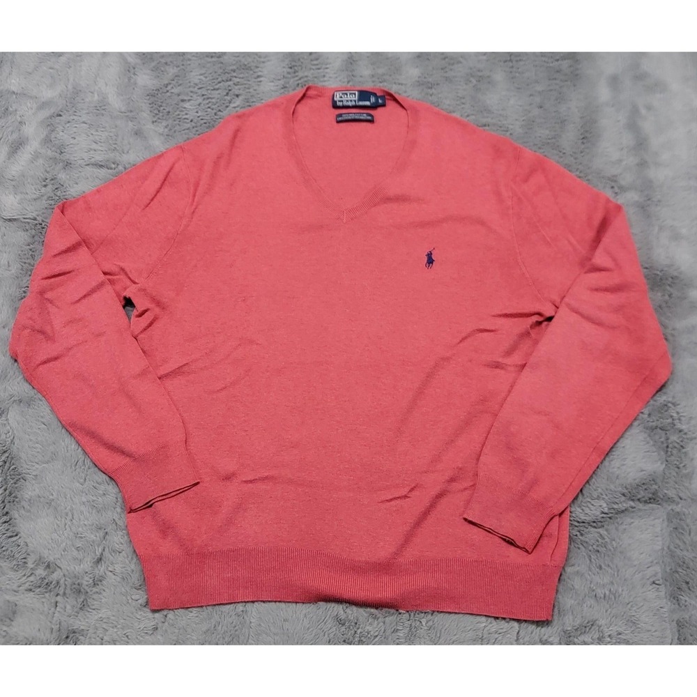 Polo Ralph Lauren Sweater Mens Large Pink Pima Cotton V Neck Knit Pullover